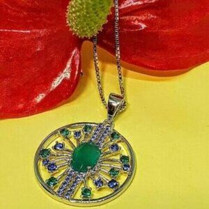 Natural Green Agate & CZ 925 Sterling Silver Necklace